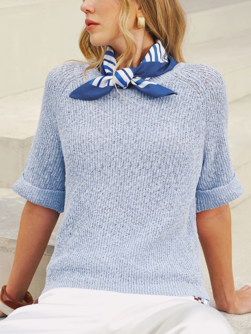 Light Blue Short Sleeve Women's Knit Sweater